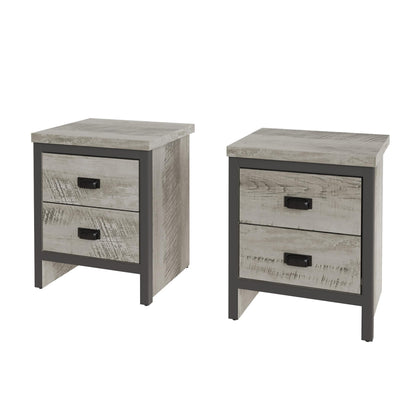 GFW Boston Pair of 2 Drawer Bedside Tables, Grey Wood Effect Bedside Cabinets, Industrial Style Nightstands with Storage Drawers
