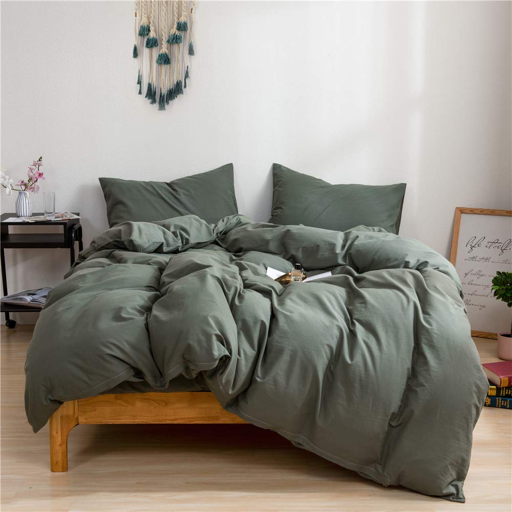 Ruccit Sage Green Duvet Cover Set King Size Bed 100% Washed Cotton King Duvet Cover Adults Teens 3pcs Simple Plain Farmhouse Bedding Set Zipper