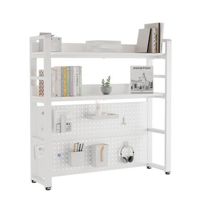 Boltmol 2-Tier Desk Shelf With Concealed Screws Design,White 95CM, Desktop Organizer With Pegboard, Countertop Storage Bookcase For Home