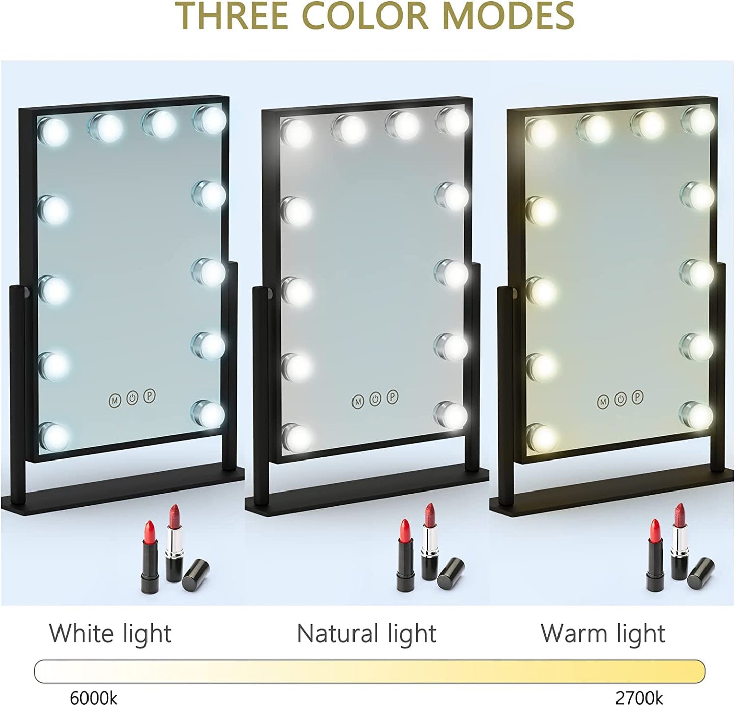 TUREWELL Hollywood Makeup Mirror with Lights,Large Lighted Vanity Mirror with 3 Color Light & 12 Dimmable Led Bulbs,Smart Lighted Touch Control Screen