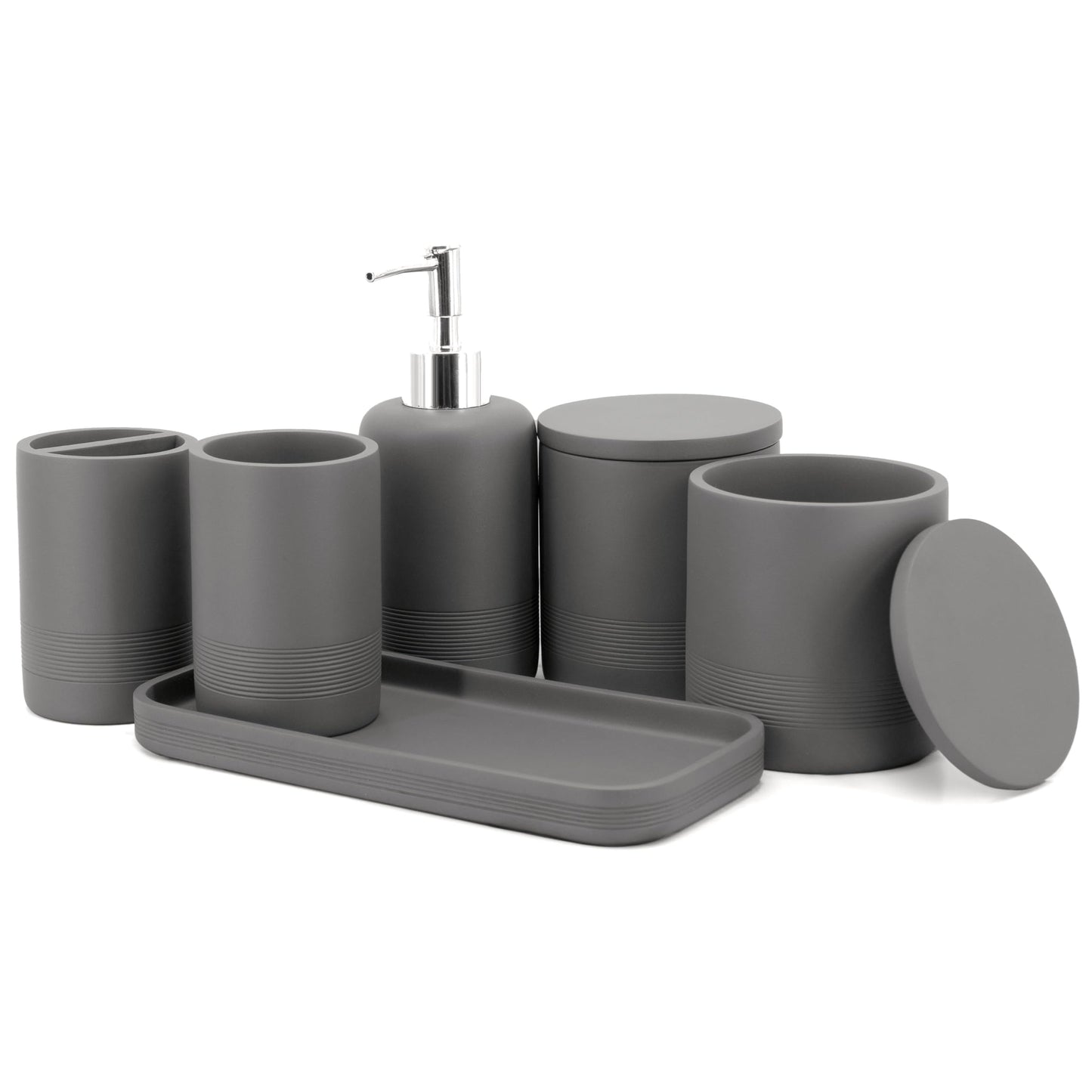 zccz- grey Bathroom Accessory Set 6 Pieces - Bathroom Organiser with Tootbrush Holder, Lotion Soap Dispenser, Vanity Tray and 2 Qtip Holders - Modern