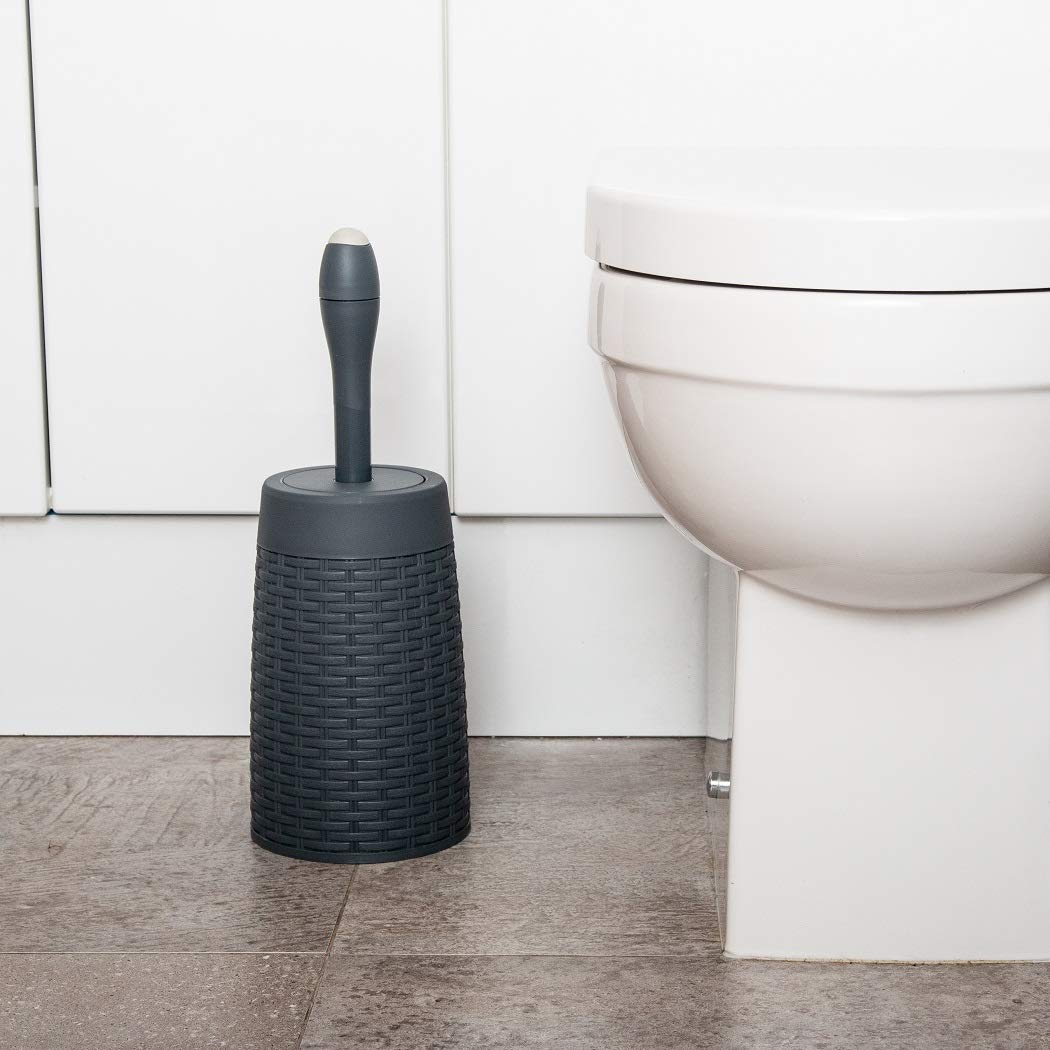 Addis 517484 Faux Rattan Round Toilet Brush Set with Internal Detergent Injection System, Charcoal Grey