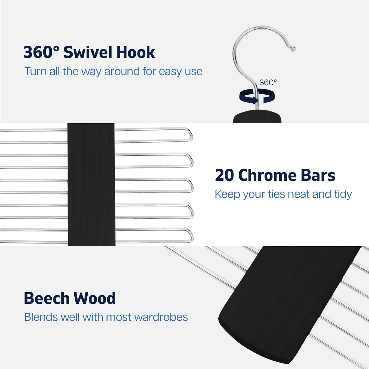 Tie Hanger for Wardrobe | Wooden Tie Organiser for Men with 20 Non-Slip Chrome Bars