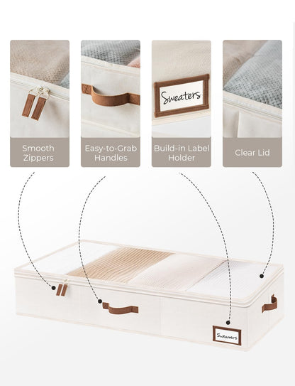 StorageWorks Underbed Storage Box, Under Bed Clothes Organizer With Sturdy Structure and Ultra Thick Fabric, Ivory White, Large, 2 pack