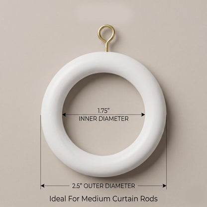 12 Pcs White Wooden Curtain Rings with Hooks | 2.5 Inch Outer Diameter, 1.75 Inch Inner Diameter | Fits 1 to 1.5 Inch Curtain Rods