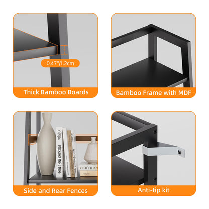 HITNET Ladder Shelf Black, 4-Tier Bookshelf, Freestanding Bathroom Storage Rack with Bamboo Frame, Plant Display Stand for Living Room, Kitchen