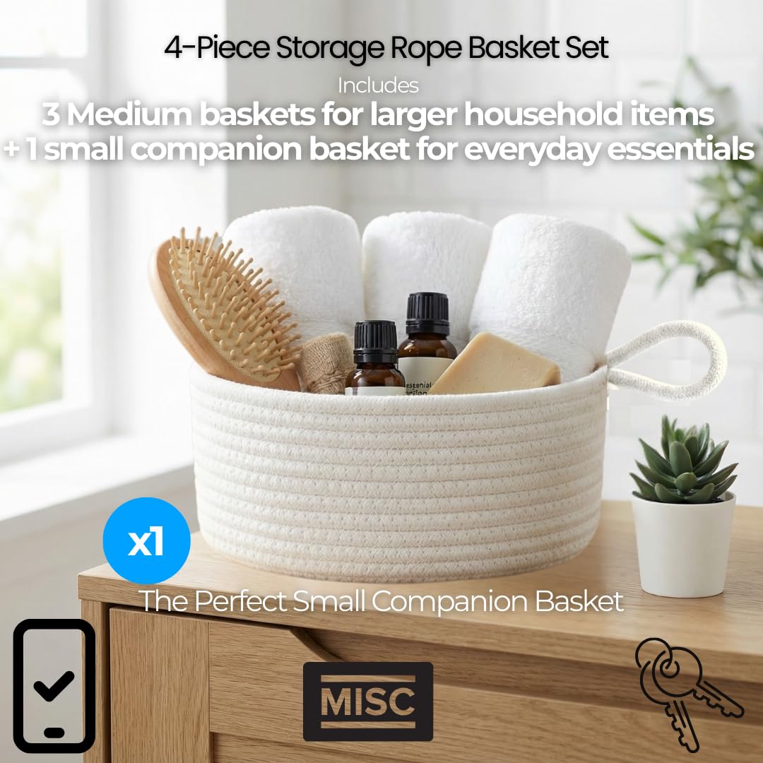 4pcs Cotton Rope Storage Basket – 3 Medium + 1 Small Woven Baskets with Handles for Living Room, Bedroom, Bathroom & Nursery – White & Beige