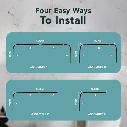 Erica U-Shaped Shower Curtain Rail, Black Powder Coated Steel, Wall Mounted, 70x165x70 cm