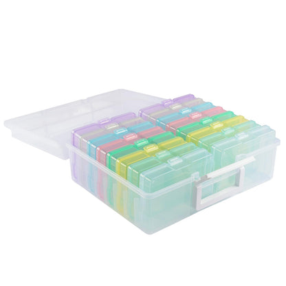 Vaessen Creative Plastic Storage Box with Lid 37,5 x 30 x 13 cm - 16 Cases of 17 x 12 x 3 cm in 8 Colours - Clear Organiser for Sewing, Diamond Art
