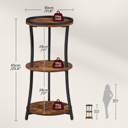MAHANCRIS Round Side Table, 3-Tier Small End Table with Raised Edge, Nightstand with Storage Shelves, Industrial Coffee Table, for Living Room