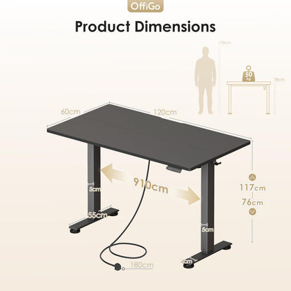 OffiGo Standing Desk, 120x60cm Height Adjustable Desk with 2 Memory Presets