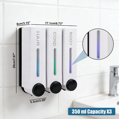 Shower Soap Dispenser No Drilling Wall Mounted Three Head White Shampoo Conditioner Body Wash Dispenser for Home Hotel Restauran
