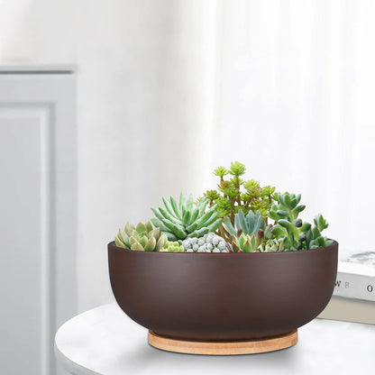 Thirtypot 25CM Terracotta Planter, Large Succulent Bonsai Planter Pot with Drainage Hole and Bamboo Saucer for Indoor Plants, Brown