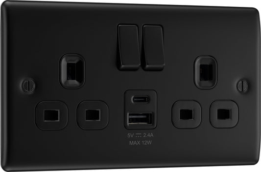BG Electrical 12W Double Switched Power Wall Plug Socket with Type A and Type C USB Charging Ports, Nexus Metal, Matt Black, 13A, NFB22UAC12B