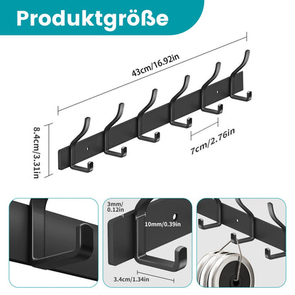 MEIJO Coat Hooks Wall Mounted Stainless Steel, Black Coat Rack Wall Mounted with 6 Hooks Heavy Duty Coat Hooks for Door, Bathroom, Bedroom, Kitchen