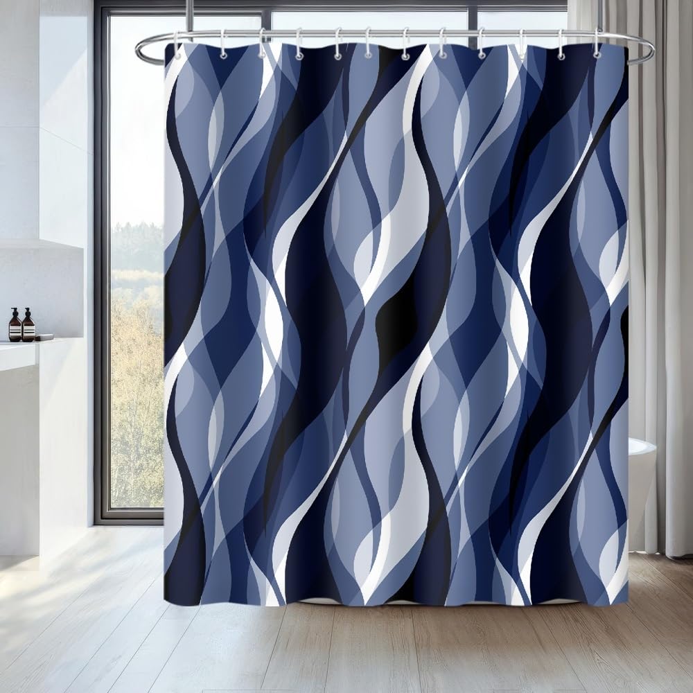 Uiiooazy Anti-Mould Shower Curtain 180 x 200 cm Navy Blue Stripes Dark Blue