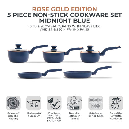Tower T800232MNB Cavaletto 5 Piece Cookware Set with 16cm, 18cm, 20cm Saucepans and 24cm, 28cm Non-Stick Frying Pans, Midnight Blue & Rose Gold