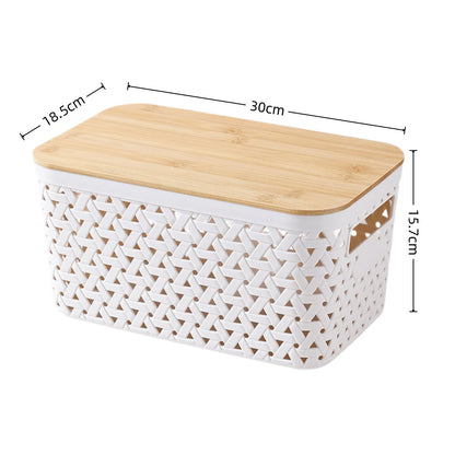 Sagittar Set of 4 Storage Boxes with Bamboo Lid, Plastic Storage Baskets, Imitation Rattan Baskets, Minimalist Storage Boxes for Desks, Coffee Tables