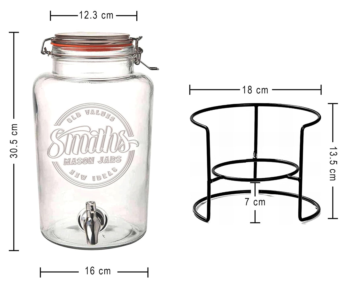 Smith's Mason Jars 5-Litre (169oz) Drink or Water Dispenser with Stainless Steel Spigot(Tap), Removable Mesh Filters and Metal Stand - Ideal for