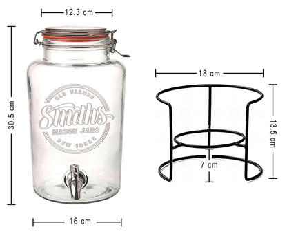 Smith's Mason Jars 5-Litre (169oz) Drink or Water Dispenser with Stainless Steel Spigot(Tap), Removable Mesh Filters and Metal Stand - Ideal for