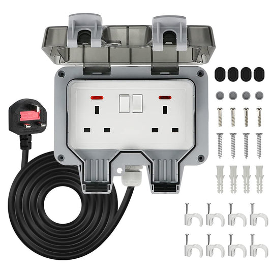 Anesty Outdoor Socket, Outdoor Double Plug Sockets Waterproof IP66 with 3m Extension Lead, Weatherproof Outdoor Plug Sockets, Exterior Wall Garden 2