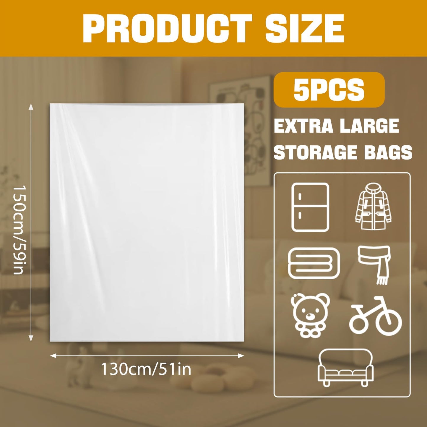 5 Pcs Extra Large Clear Plastic Storage Bags 130x150cm for Clothes