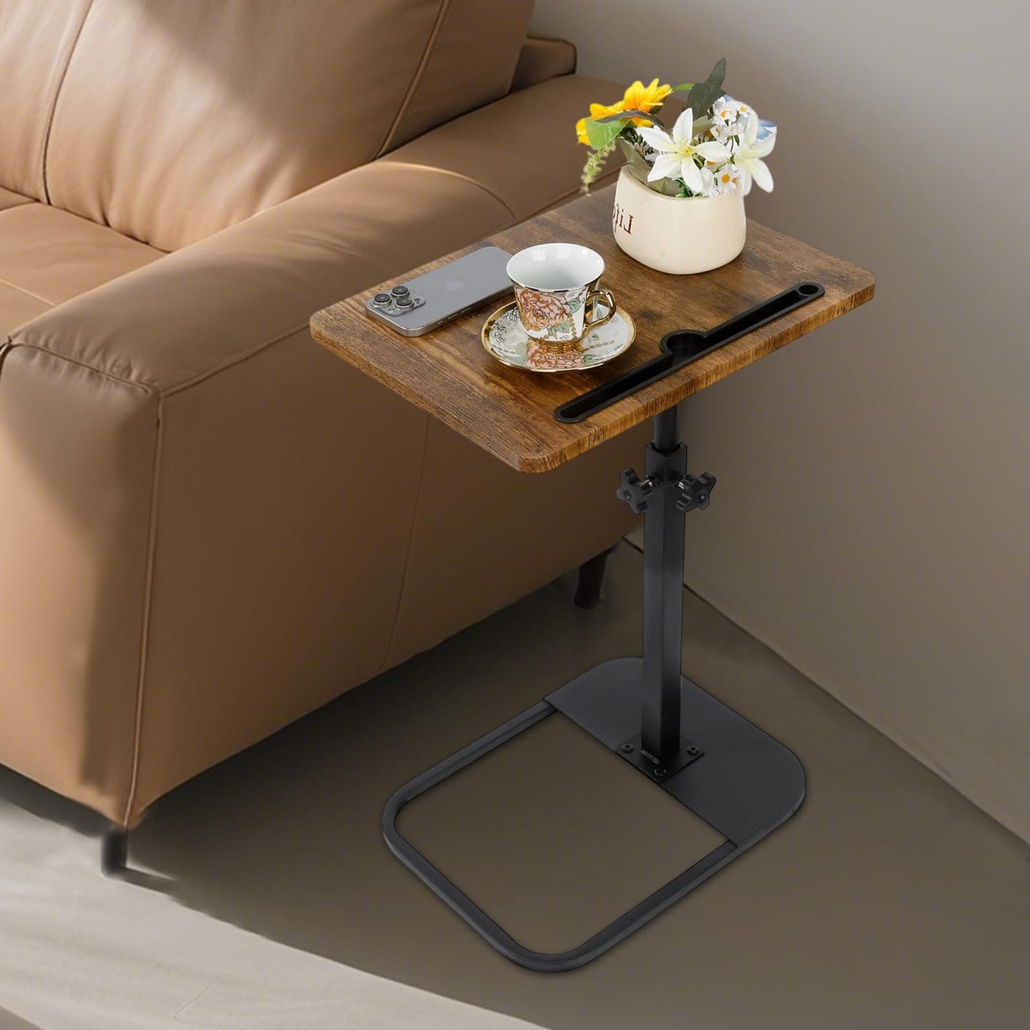 Kiss Me TV Tray Table Small Adjustable C Shaped Side Table with Phone Slot
