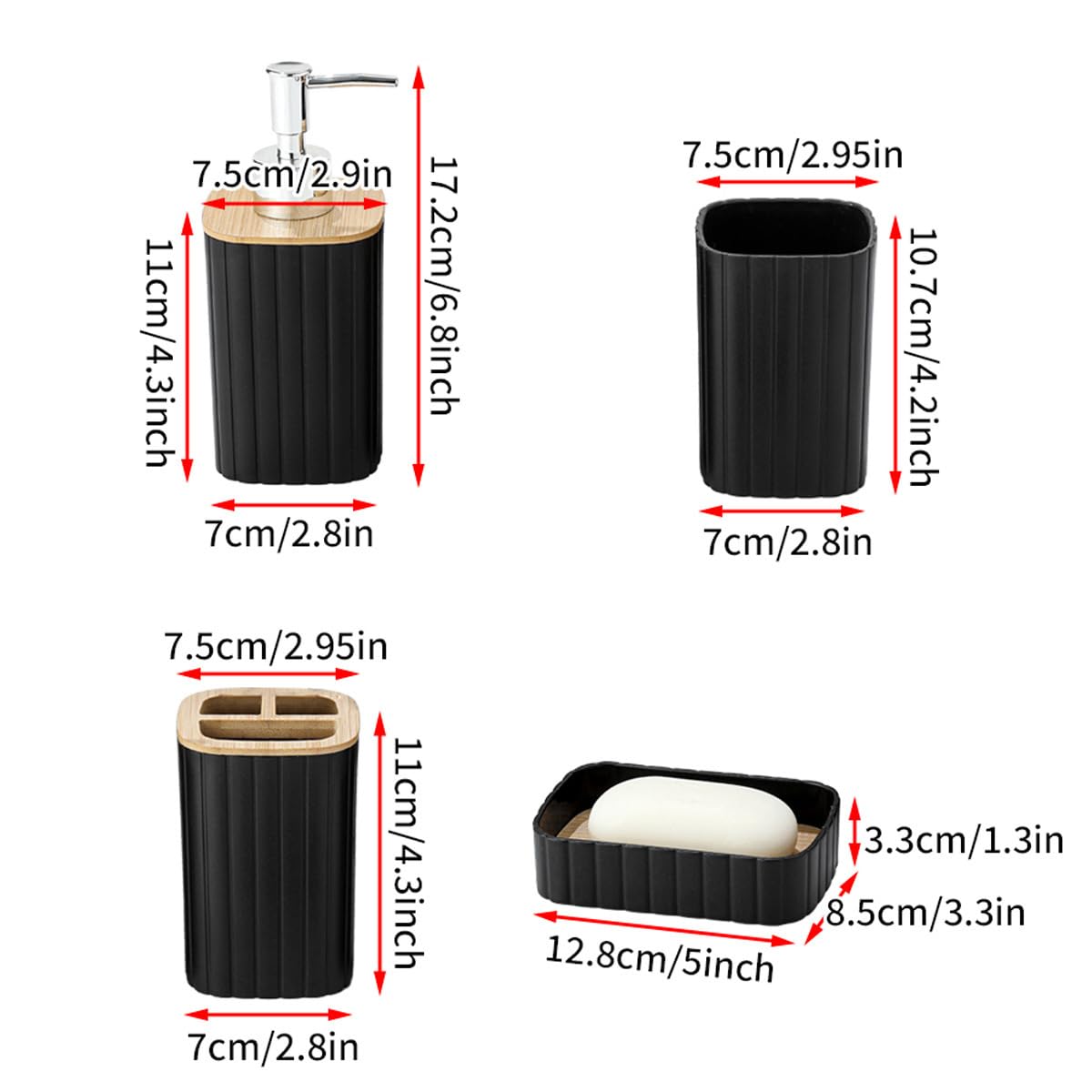 Hosoncovy Bathroom Accessory Set of 4 with Soap Pump Dispenser, Toothbrush Cup, Soap Dish ，Toothbrush and Toothpaste Holder (Black B)