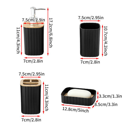 Hosoncovy Bathroom Accessory Set of 4 with Soap Pump Dispenser, Toothbrush Cup, Soap Dish ，Toothbrush and Toothpaste Holder (Black B)