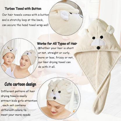 Girls' Absorbent Hair Towel Wrap Kids Hair Drying Wrap Towel Hat Cute Cartoon Turban Towel with Button Anti-Frizz Wet Hair Shower Cap Quick Drying