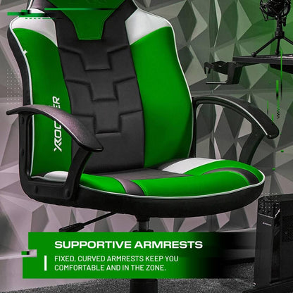 X-Rocker Saturn Mid Back Compact Gaming Chair for Kids & Teens - Ergonomic, Comfortable, Height Adjustable, Wipe-Clean Faux Leather - Black/Green