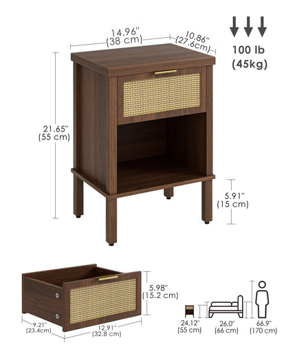Apetaccat Rattan Bedside Table, Side Table with Open Storage Shelf, Walnut