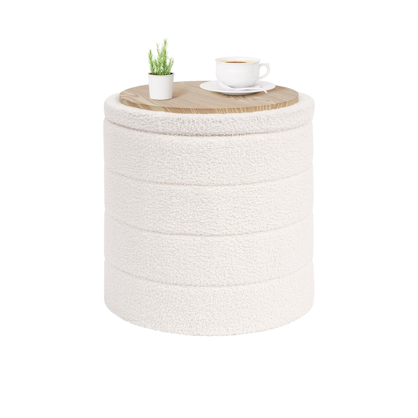 PINPLUS Round Ottoman Storage, Convertible Table, Cream White, 43x43x45 cm