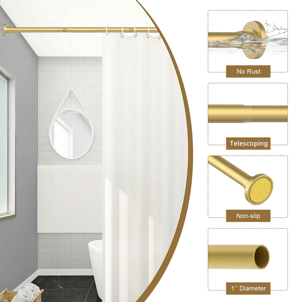 GXOACKJ Gold Shower Curtain Rods - 31-80 Inch Spring Tension Shower Rods for Bathroom, Adjustable, No Drilling, No Rust, Stainless Steel