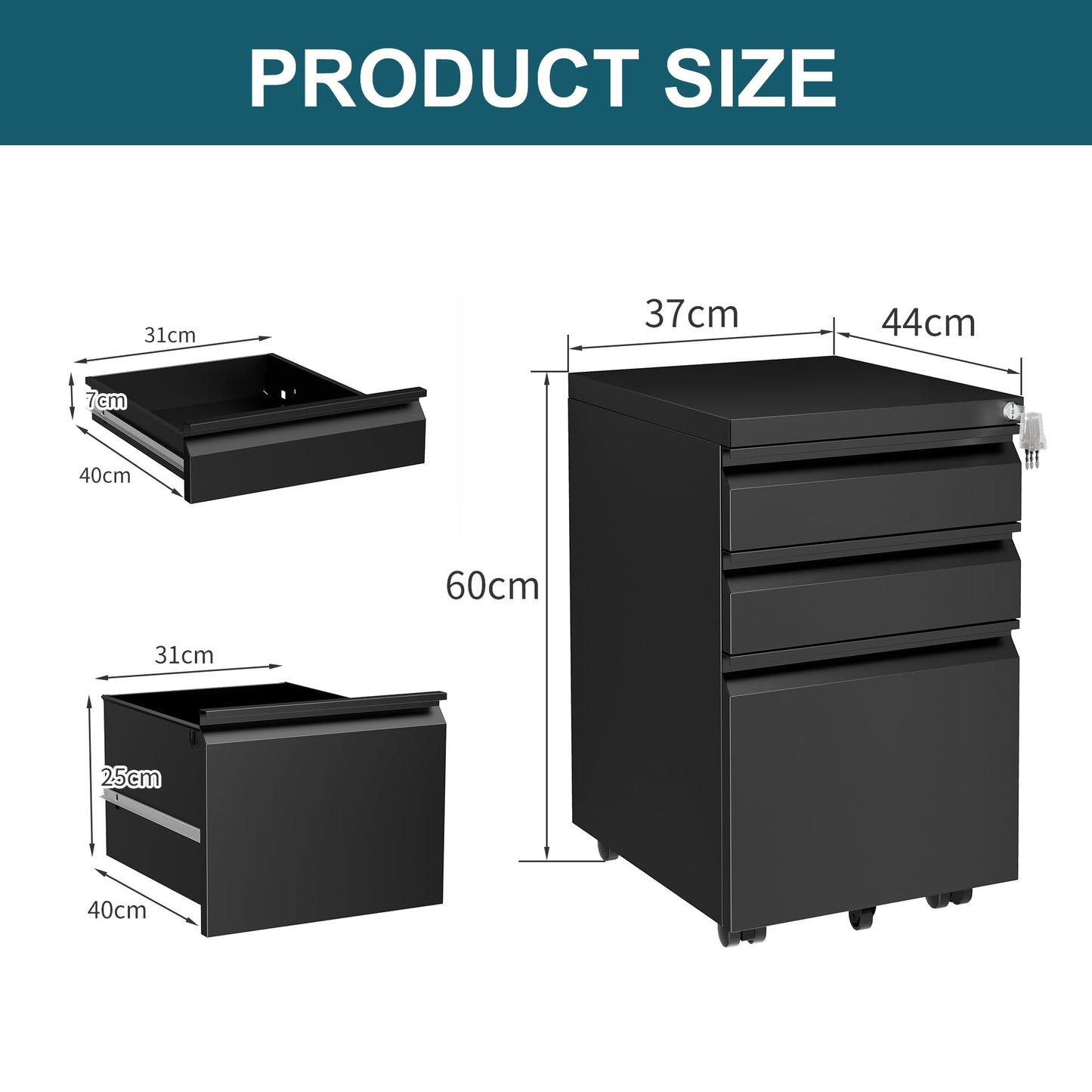 LVSTEEL Mobile Filing Cabinet, Lockable 3 Drawers with Suspension File Hanging Rails, With 4 Keys