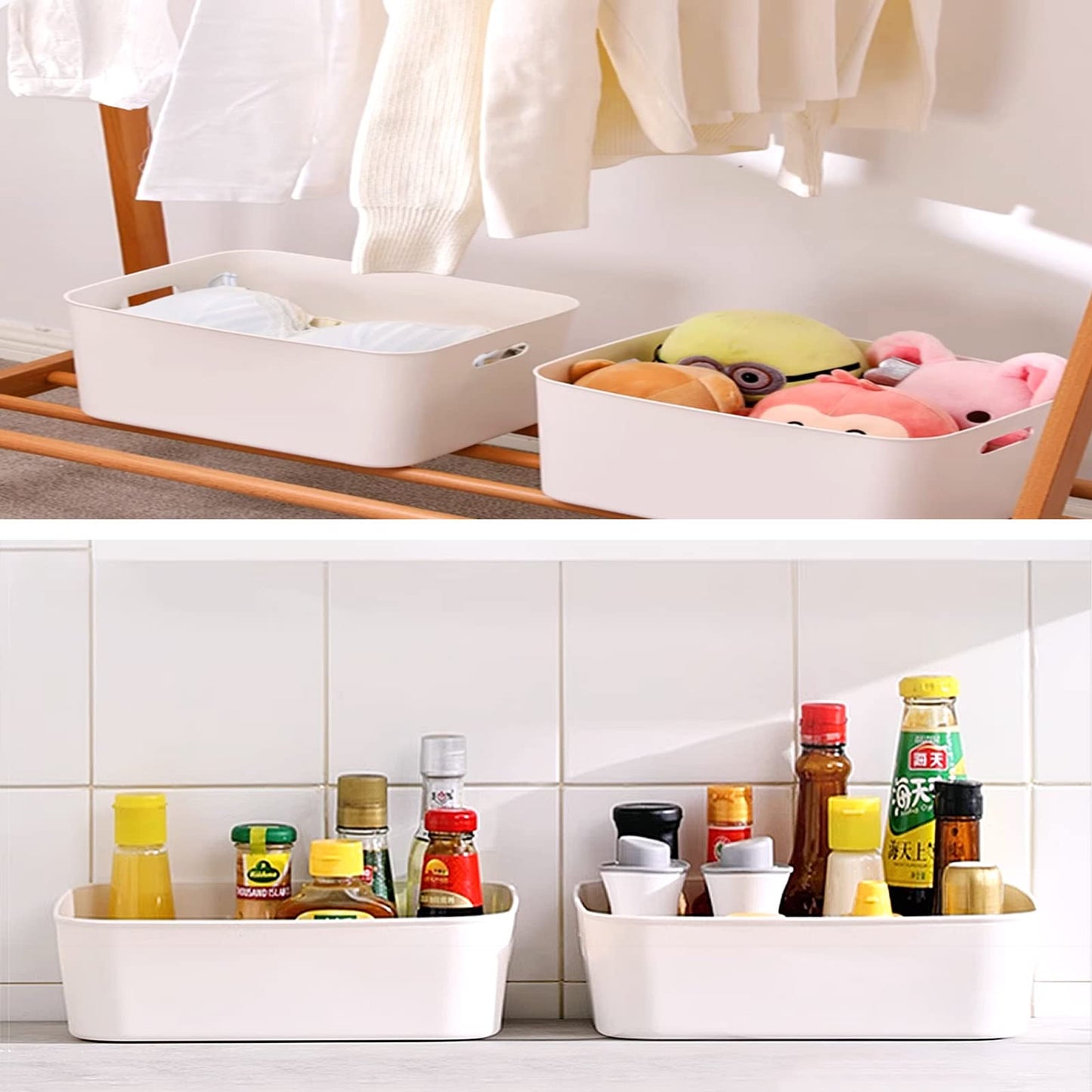 Fizleca 3 Pcs White Storage Baskets, Stackable Plastic Bathroom Organiser Boxes with Handles for Kitchen