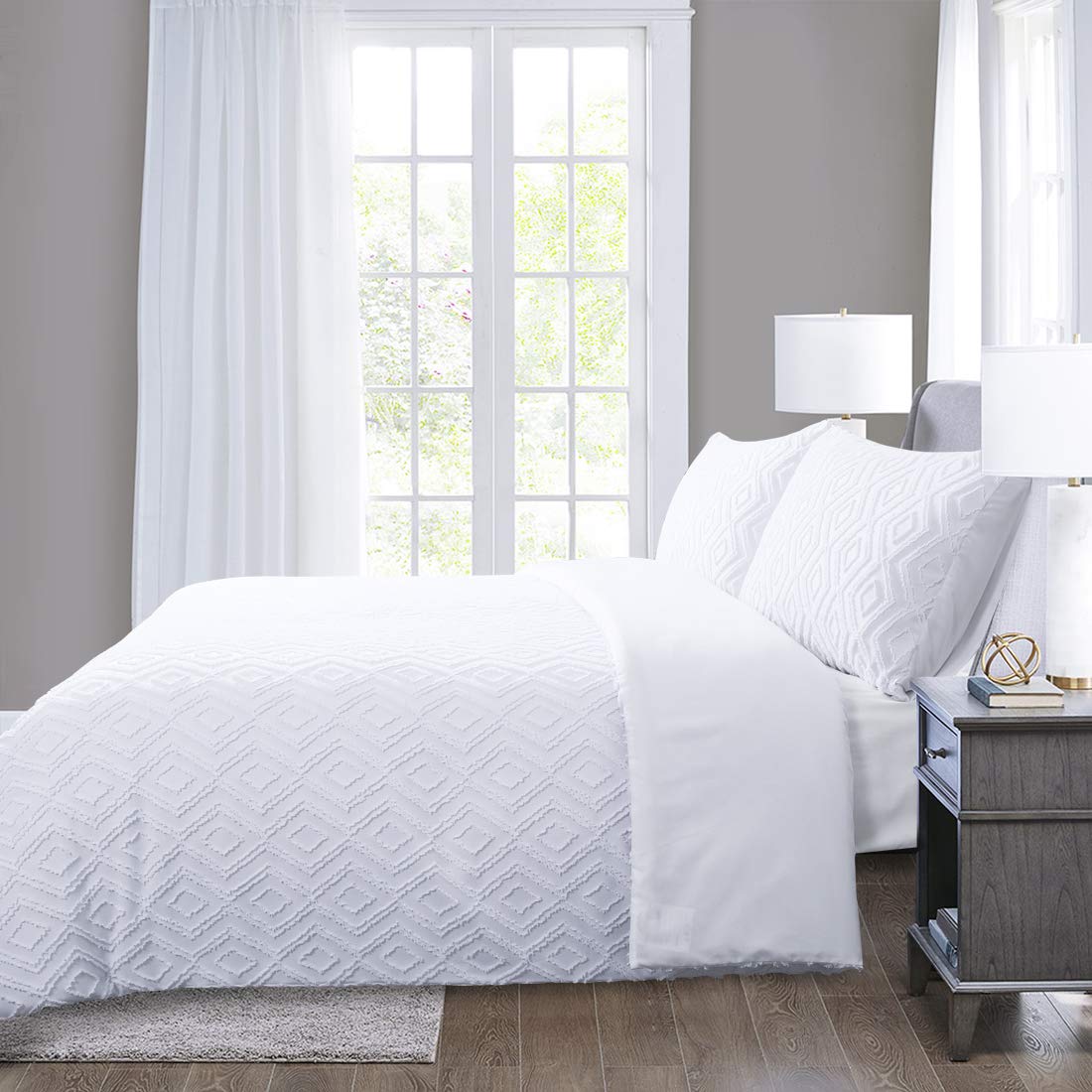YINFUNG King Size Duvet Cover Sets White Bedding 3 Pieces Tufted Geometric Quilt Cover with 2 Pillowcases Easy Care (White King 230220cm+5075cmx2)