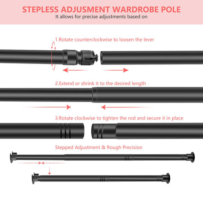 Extendable Wardrobe Pole Black 43-107cm Wardrobe Rails and Fittings 33mm Tube Diameter Stainless Steel Pole for Wardrobe with Screws and Fixing