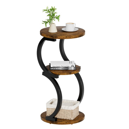 JUSTOGO Round Side Table, S-shaped 3-Tier Coffee Table, Small Table, Wood, Metal Bedside Table for Living Room, Bedroom