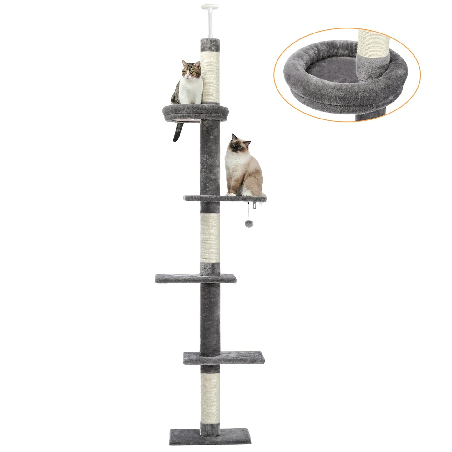 PAWZ Road Cat Tree 5-Tier Floor to Ceiling Cat Tower Height Adjustable, Tall Kitty Climbing Activity Center with Scratching Post, Cozy Bed, Dangling
