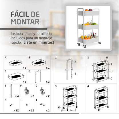 Amig – 3‑Tier kitchen trolley with castors Mod. LINN – Auxiliary steel shelving – White – Multipurpose trolley for kitchen, bathroom or office