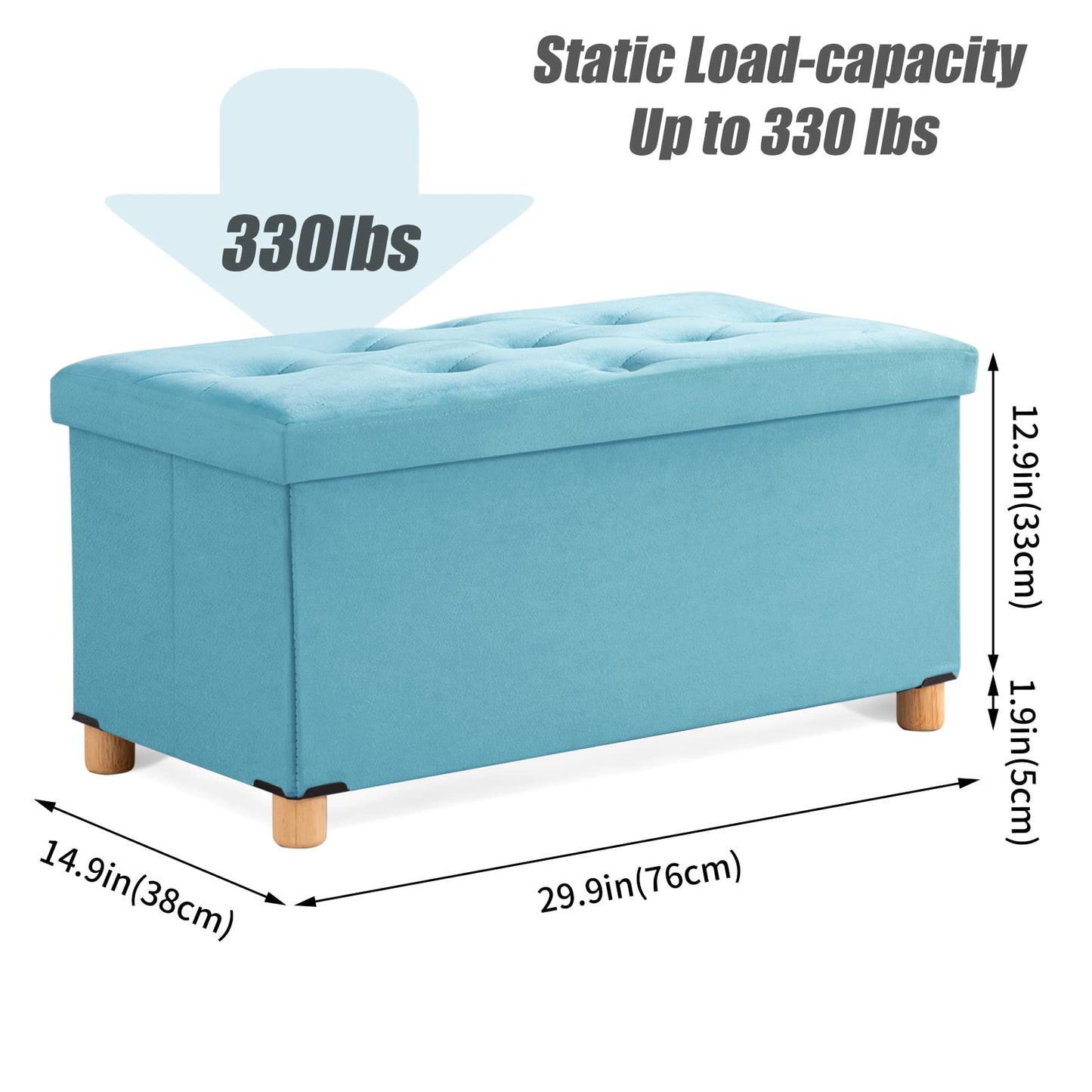 BRIAN & DANY Ottoman Storage Box with 4 Wood Legs, Velvet Storage Ottoman for Living Room, Teal, 76 x 38 x 38 cm