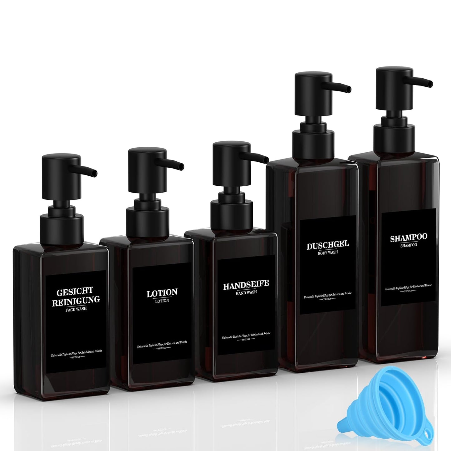 Set of 5 Reusable Shampoo Dispenser Bottles for Filling, 3 x 300 ml + 2 x 500 ml Brown Refill Bottles with Pump Dispenser