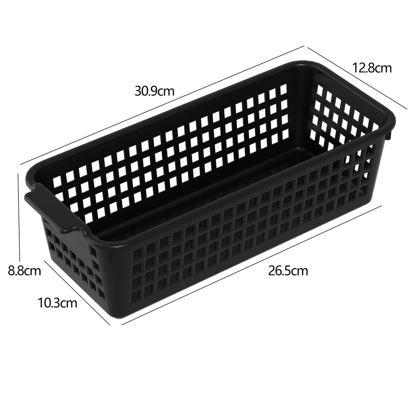 Begale 6 Pack Slim Plastic Storage Baskets, Small Cupboard Basket, Black