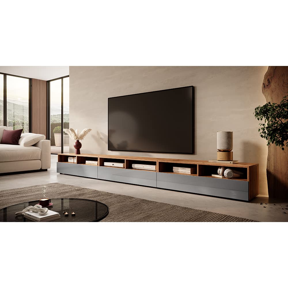Selsey REDNAW - Modern TV Stand/TV Cabinet with 3 Drawers / 300 cm/Wotan Oak/Grey Gloss