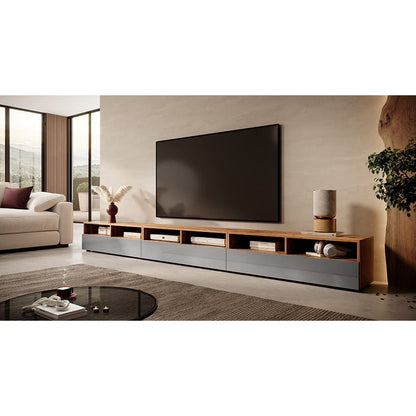 Selsey REDNAW - Modern TV Stand/TV Cabinet with 3 Drawers / 300 cm/Wotan Oak/Grey Gloss