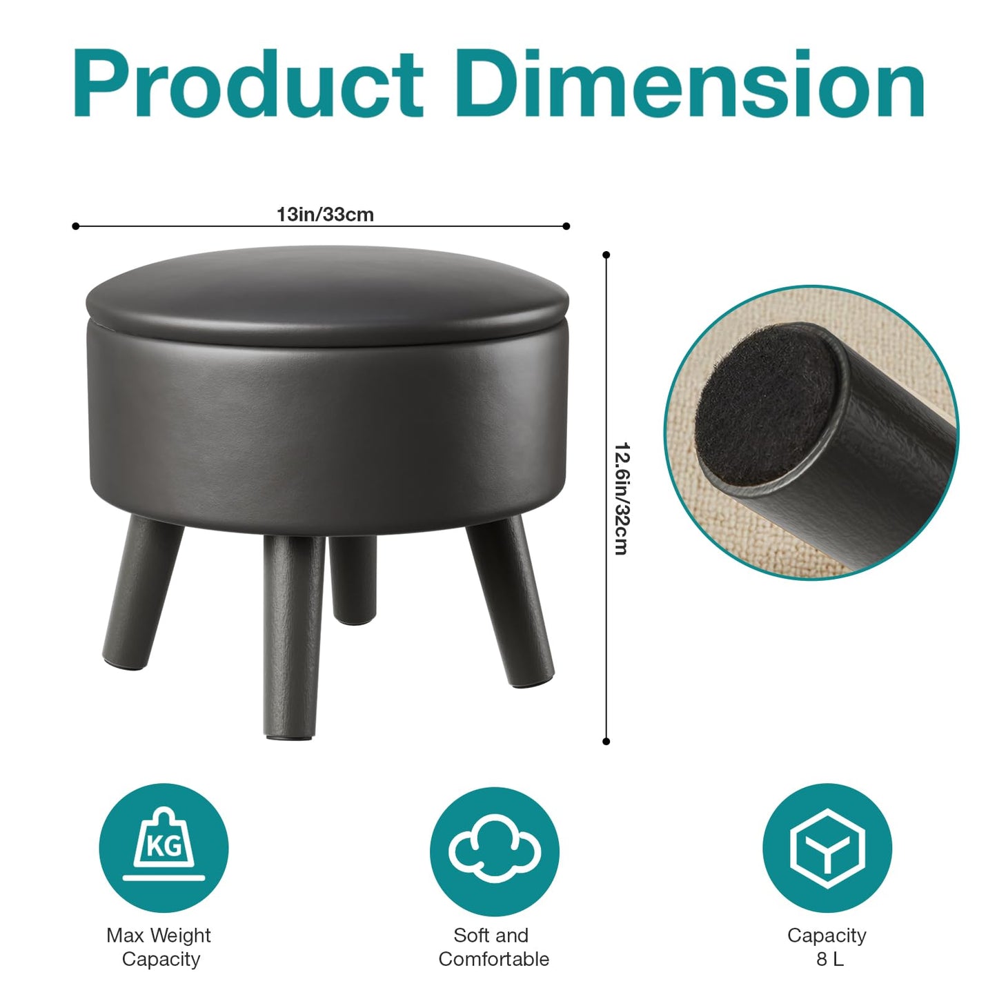 BRIAN & DANY Footstool with Storage, Small Storage Ottoman, Faux Leather Round Stool with Lid, Foot Stool with Legs for Living Room Entryway, Black