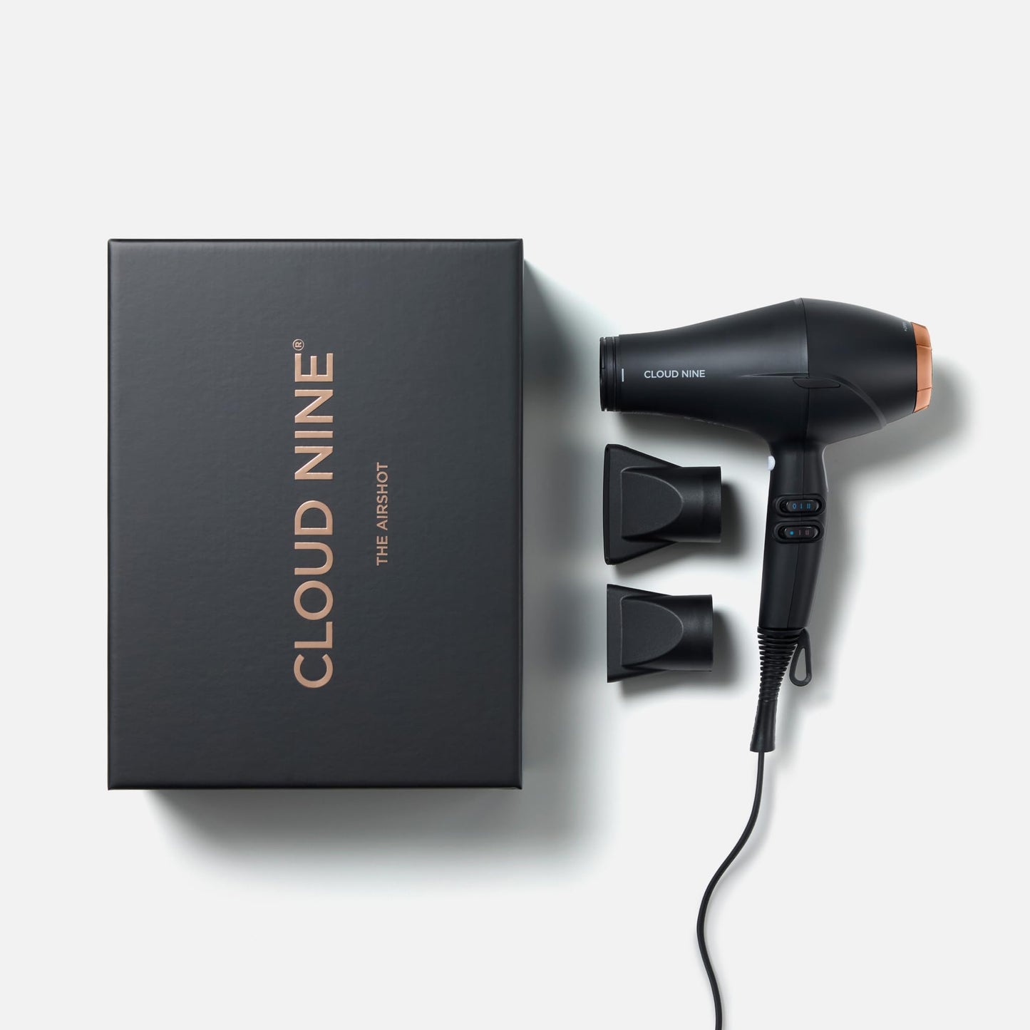 CLOUD NINE The Airshot Hair Dryer Gold Edition | Fast Compact 2000w All Hair Types | Variable Temperature Control Low Mid High | Two Nozzles Included