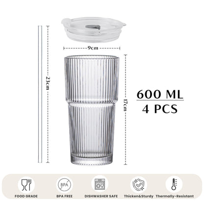 INSETLAN 600ml Ribbed Glass Tumblers with Lids and Glass Straws Set of 4, Leakproof Glass Cup with Straw and Lid, Thickened Glass, Ideal for Iced