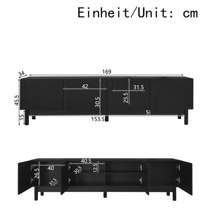 Ball & Cast TV Stand Cabinet, Black TV Unit Storage Cabinet with 4 Doors, Curved, Wave-Shaped Doors Design, Stabilizing Legs, 169 x 34 x 45.5 cm